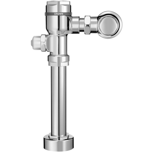 A close-up of a chrome-colored Sloan Crown water closet flushometer with top spud fixture connection.