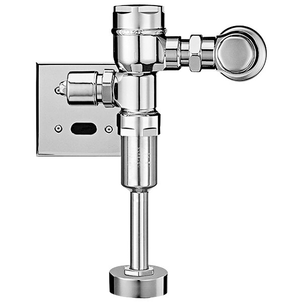 A Sloan polished chrome hardwired exposed urinal flushometer with top spud connection.