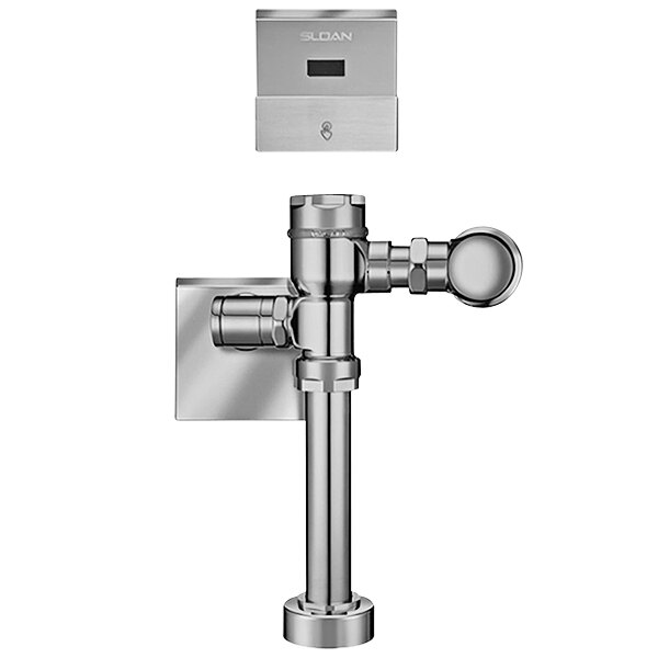 A close-up of a Sloan Crown exposed sensor water closet flushometer with a metal pipe and metal object.
