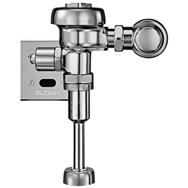 A chrome plated Sloan urinal flushometer with a top spud connection.