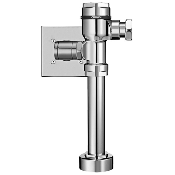 A close-up of a chrome-plated metal Sloan water closet flushometer with a top spud fixture connection.