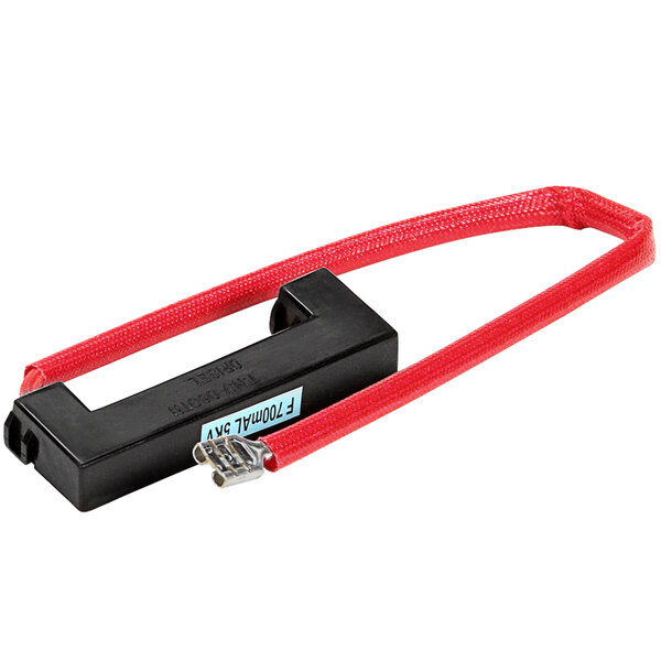 A red and black cable with a red connector attached to a white label.