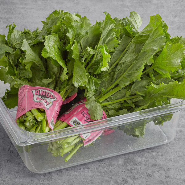 A plastic container with a bunch of broccoli rabe.