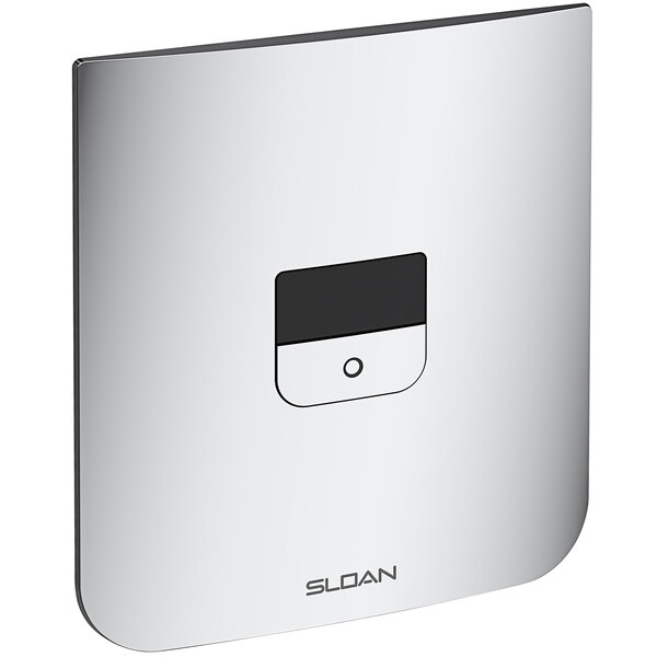 A Sloan polished chrome electronic water closet flushometer with a black square button.