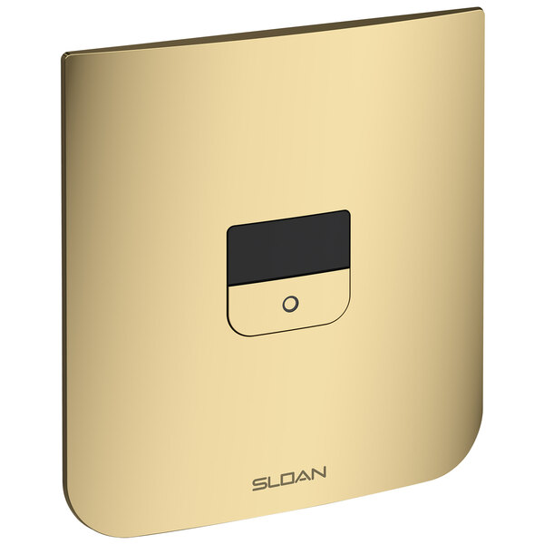 A Sloan polished brass sensor flushometer with a black square button.