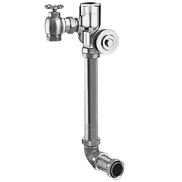 A silver pipe with a valve for a Sloan rough brass water closet flushometer.