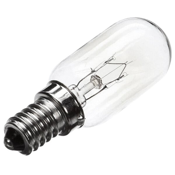 A clear light bulb with a black base.