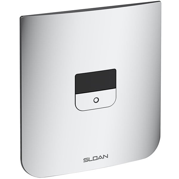 A Sloan polished chrome wall mounted sensor water closet flushometer with a black square button.