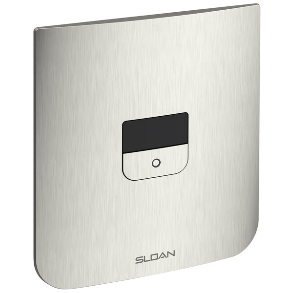 A silver Sloan concealed sensor water closet flushometer with a black square button.