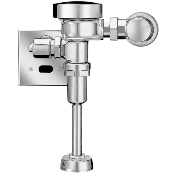 A chrome plated Sloan urinal flushometer with a metal top spud connection.