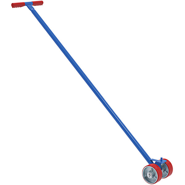 A Vestil blue and red lever jack for a steel skid on wheels.