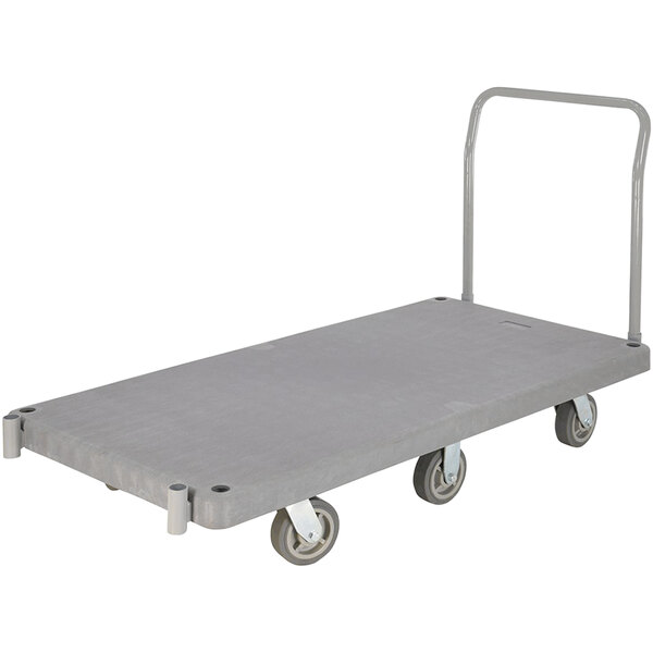 A grey Vestil platform cart with wheels.