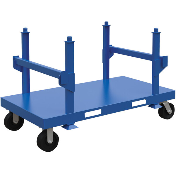 A blue steel Vestil material cart with black wheels.