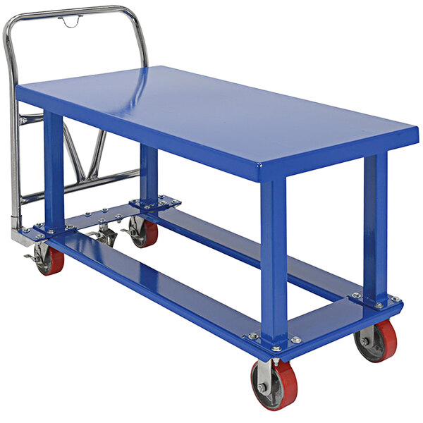 A blue steel work platform cart with red wheels.
