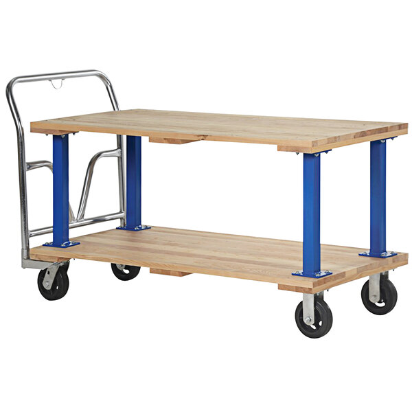 A wood and metal cart with blue wheels and a blue handle.