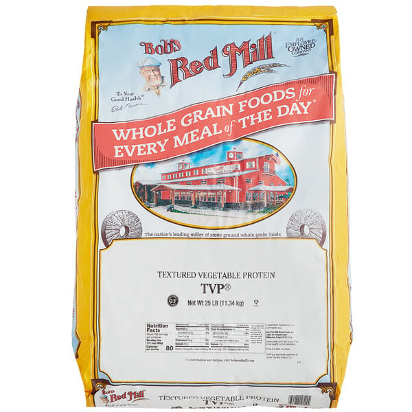 A bag of Bob's Red Mill Textured Vegetable Protein on a white background.