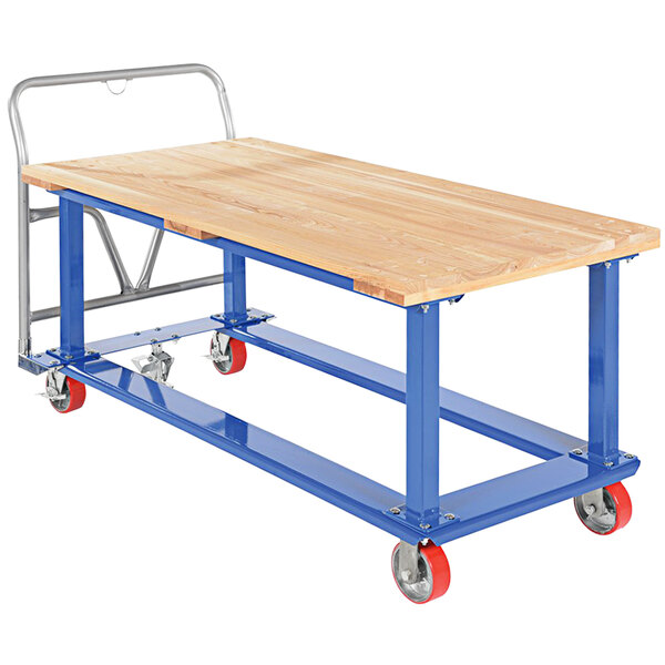 A blue and red metal cart with a wooden table on it.
