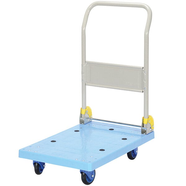A blue Vestil platform truck with a folding handle and yellow wheels.
