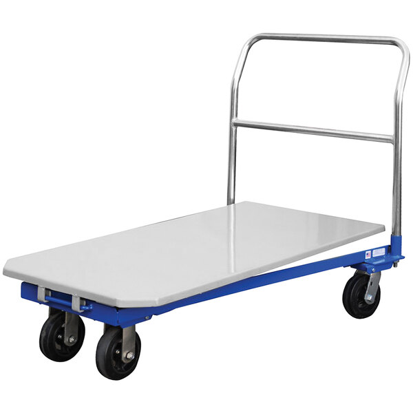 A blue and white Vestil steel nesting platform cart with black wheels.