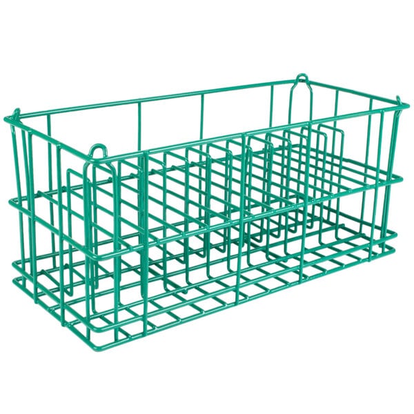 A green wire rack with 12 compartments.
