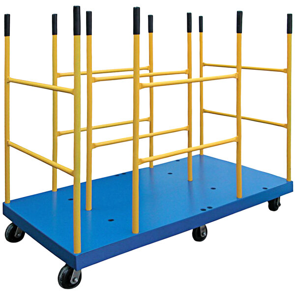 A blue and yellow Vestil steel platform truck with yellow dividers.