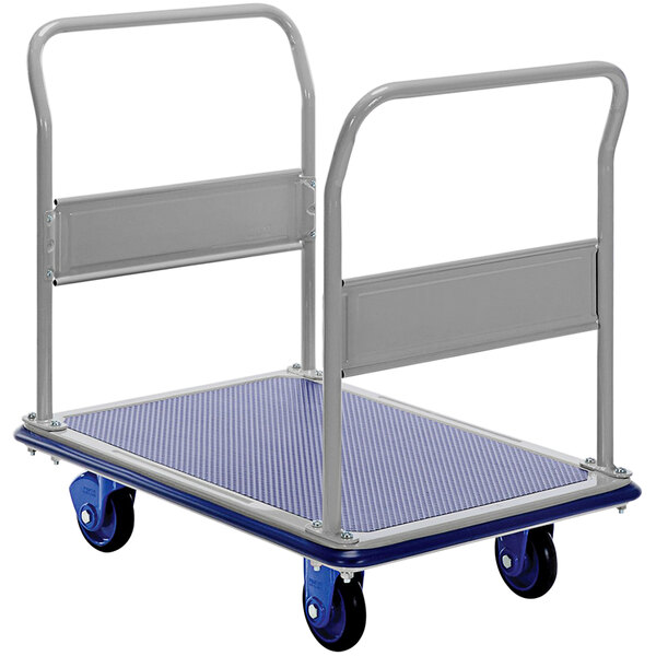 A blue and gray Vestil platform truck with two metal handles.