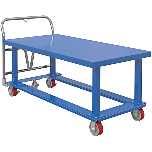 A blue steel Vestil work-height platform truck with red wheels.