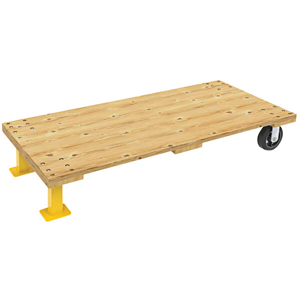 A wooden platform with yellow wheels.