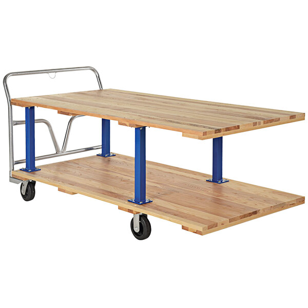 A Vestil double deck hardwood platform cart with blue metal accents on the table.