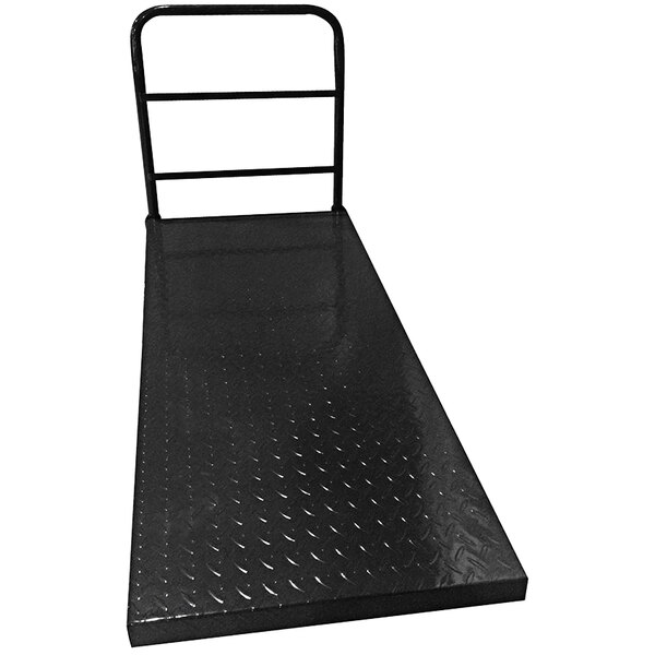 A black metal platform with a steel tread plate and metal frame.