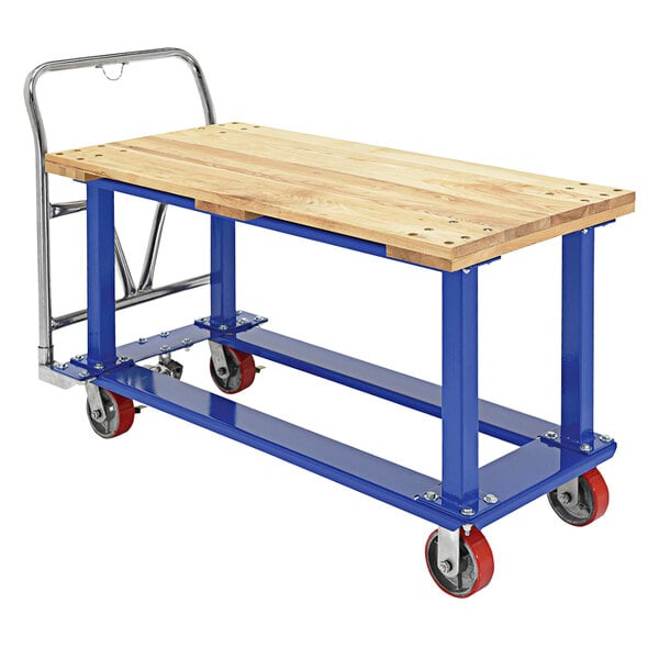 A blue metal Vestil work platform truck with a wooden top.