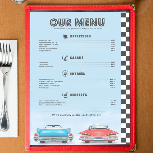 Menu paper with a white background and a retro themed car design on the right.