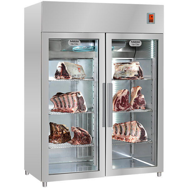A Salubrino meat preservation cabinet with meat on shelves.