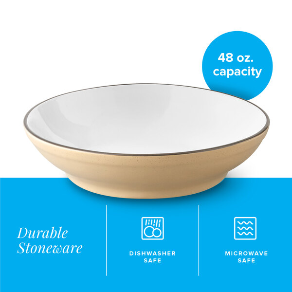 A 48 oz. harvest tan matte stoneware pasta bowl.
