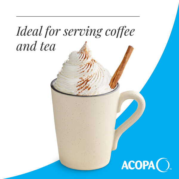 A cream white matte stoneware mug filled with a whipped topping and garnished with a cinnamon stick.
