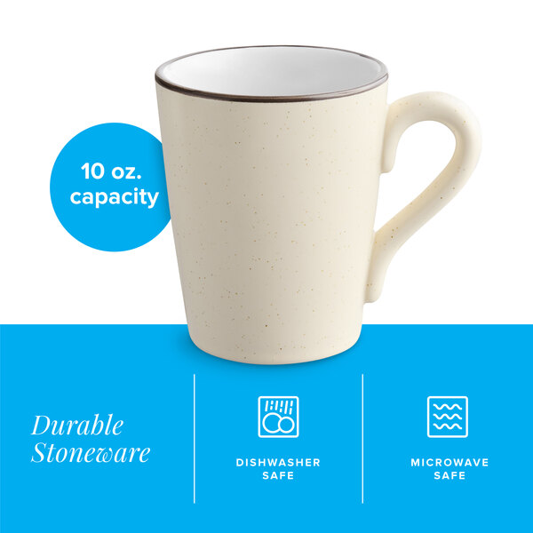 A cream white matte stoneware mug with a 10 oz. capacity.