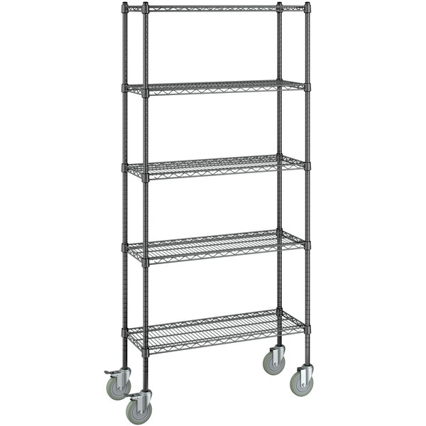 A Steelton black wire shelving unit with wheels.