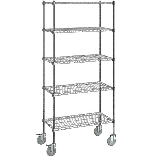 A Steelton chrome wire shelving kit with casters and four shelves.