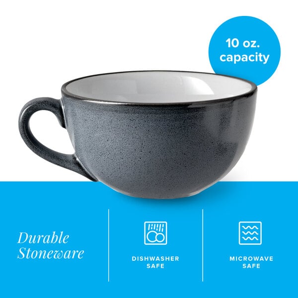 A 10 oz. midnight blue matte stoneware cup with a handle.