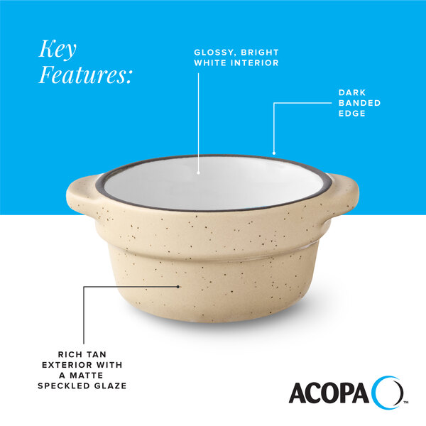 A small stoneware sauce cup with a glossy white interior, dark banded edge, and a matte speckled tan exterior.