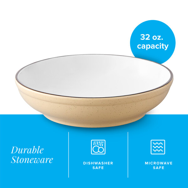 A 32 oz. harvest tan matte stoneware pasta bowl.
