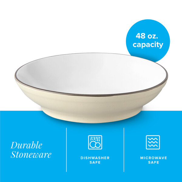 A cream white matte stoneware pasta bowl with a 48 oz. capacity.