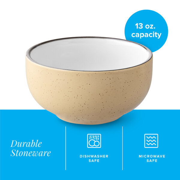 A 13 oz. capacity stoneware bowl with a tan matte exterior and white interior.