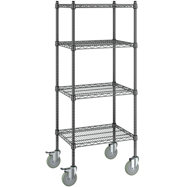 A Steelton black wire shelving unit with wheels.