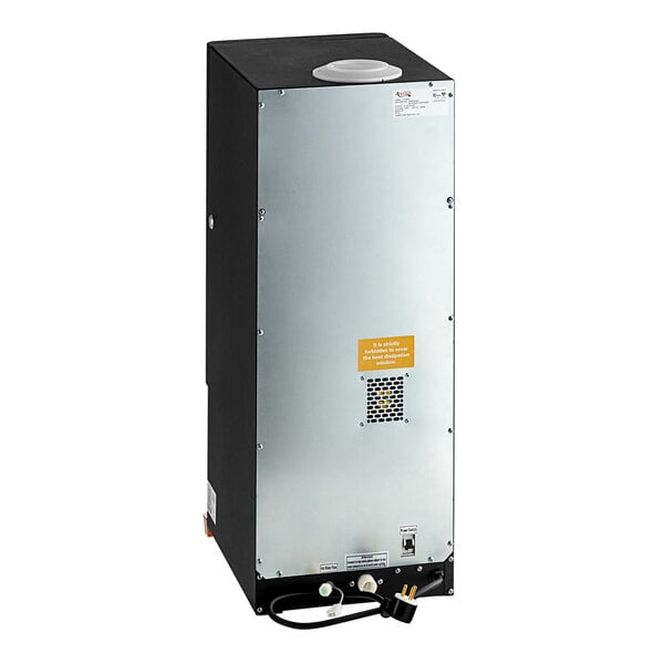 A silver rectangular box with a yellow label on a white background.