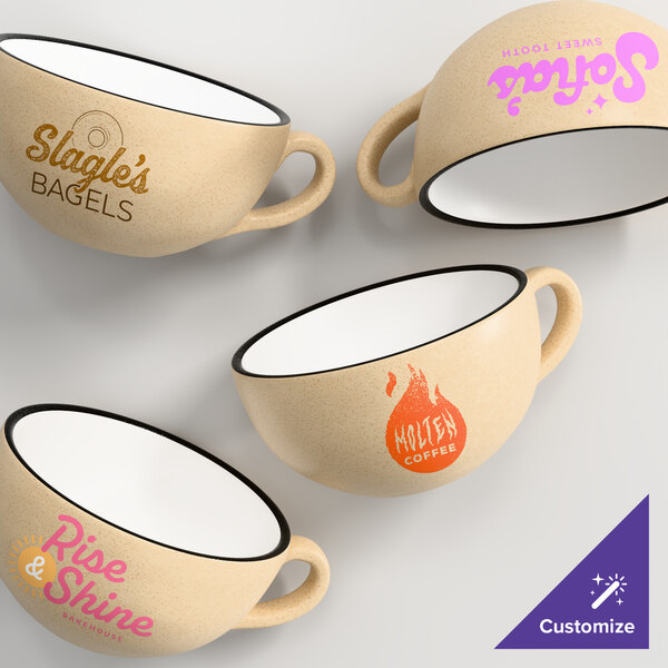A tan matte stoneware cup with a white interior, shown with various customizable printed designs.