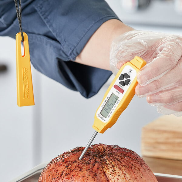A person using an AvaTemp digital pocket probe thermometer to measure the temperature of a seasoned piece of meat.