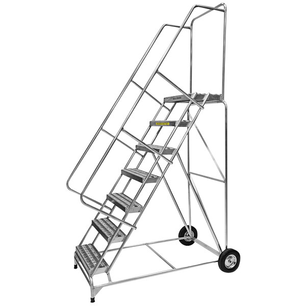 A metal ladder with seven steps and wheels.