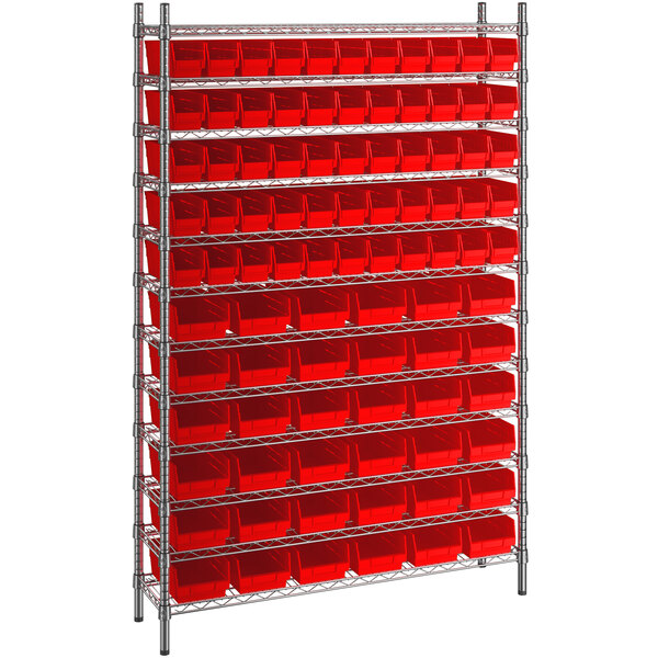 74 Wire Shelving Unit With 91 Red Bins, 12 Wire Shelving Unit