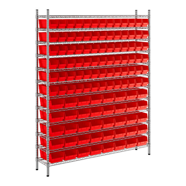 Regency 12" x 60" x 74" Wire Shelving Unit with 118 Red Bins
